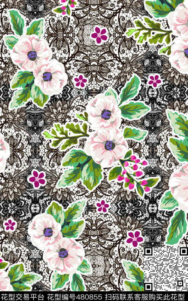 复古蕾丝花卉数码印花华亿平台下载（图片编号: 480855） - 瓦栏（Walan）