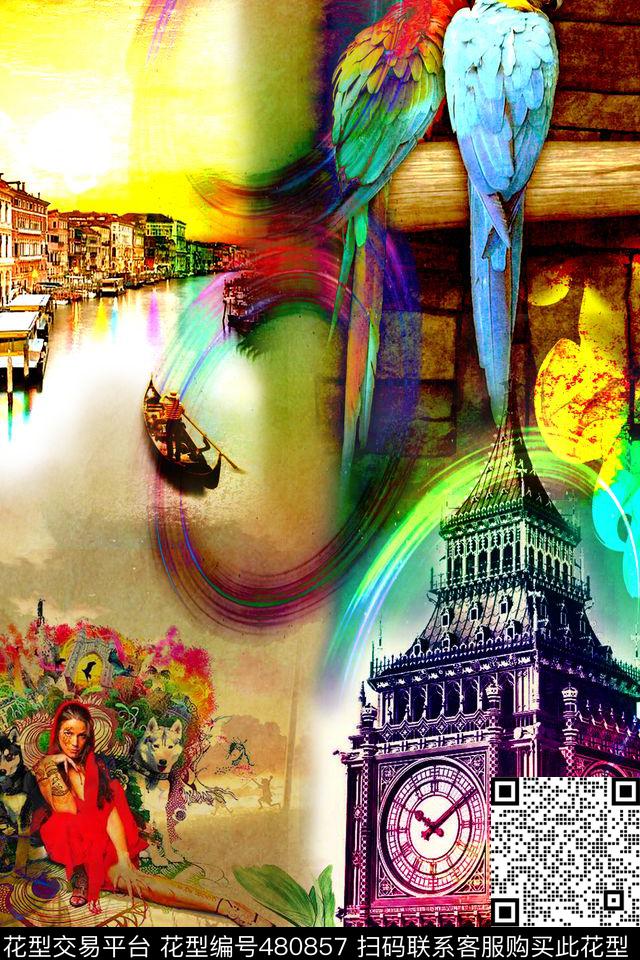 建筑鹦鹉创意服装面料数码印花华亿平台下载（图片编号: 480857） - 瓦栏（Walan）