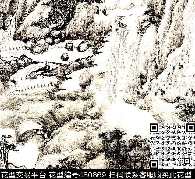传统山水风景树木数码印花华亿平台下载（图片编号: 480869） - 瓦栏（Walan）
