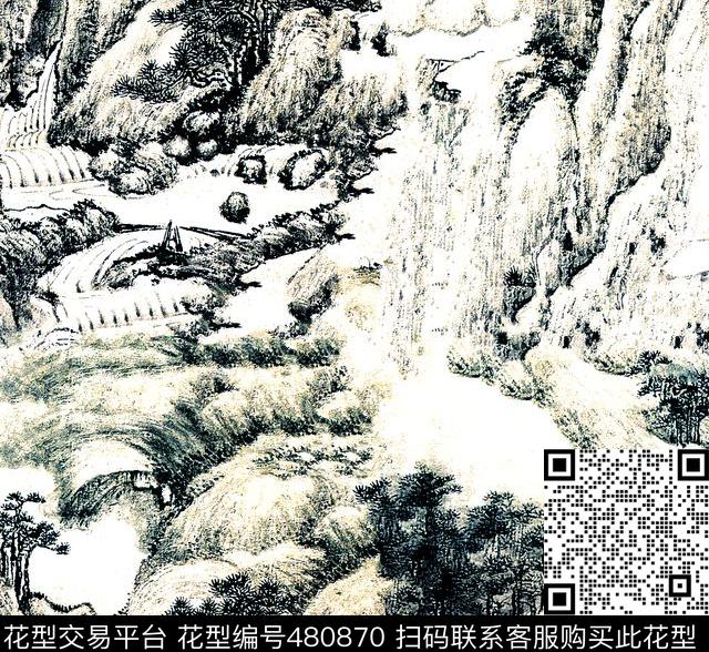 传统山水风景树木数码印花华亿平台下载（图片编号: 480870） - 瓦栏（Walan）