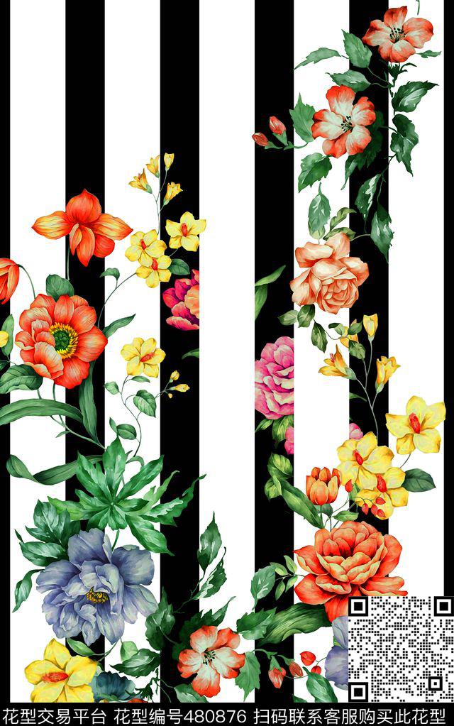 条纹水彩画花卉数码印花华亿平台下载（图片编号: 480876） - 瓦栏（Walan）