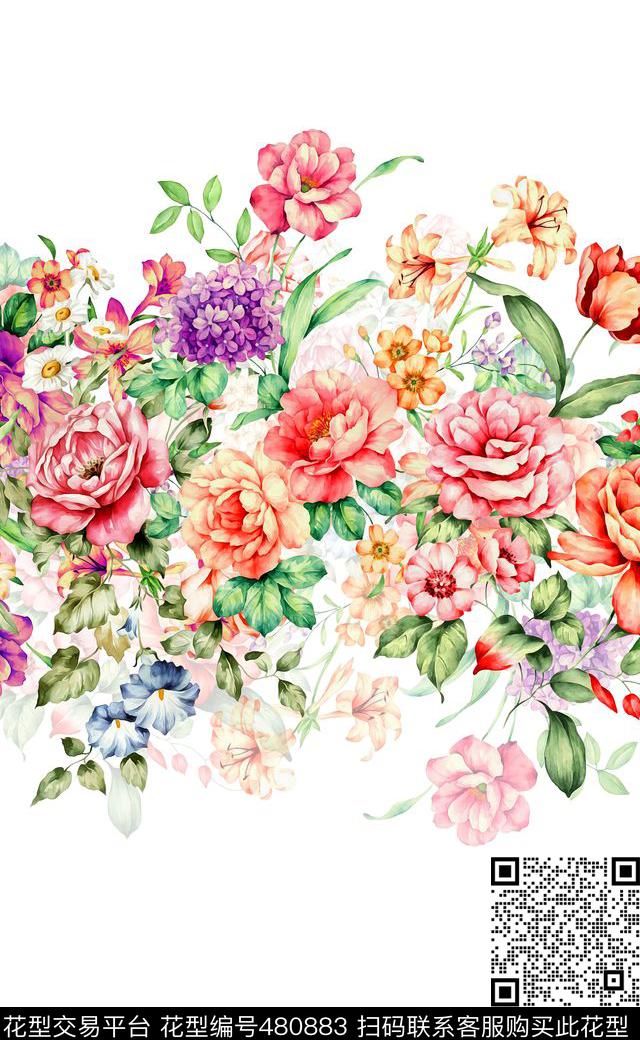 大牌花卉水彩画数码印花华亿平台下载（图片编号: 480883） - 瓦栏（Walan）