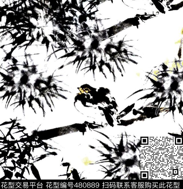 传统水墨小鸟竹子数码印花华亿平台下载（图片编号: 480889） - 瓦栏（Walan）