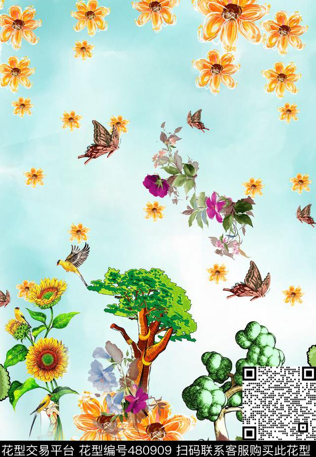 田园风花蝶葵花数码印花华亿平台下载（图片编号: 480909） - 瓦栏（Walan）