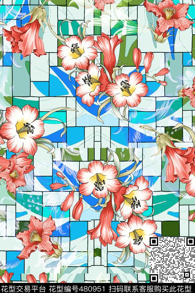 花朵简约时尚数码印花华亿平台下载（图片编号: 480951） - 瓦栏（Walan）