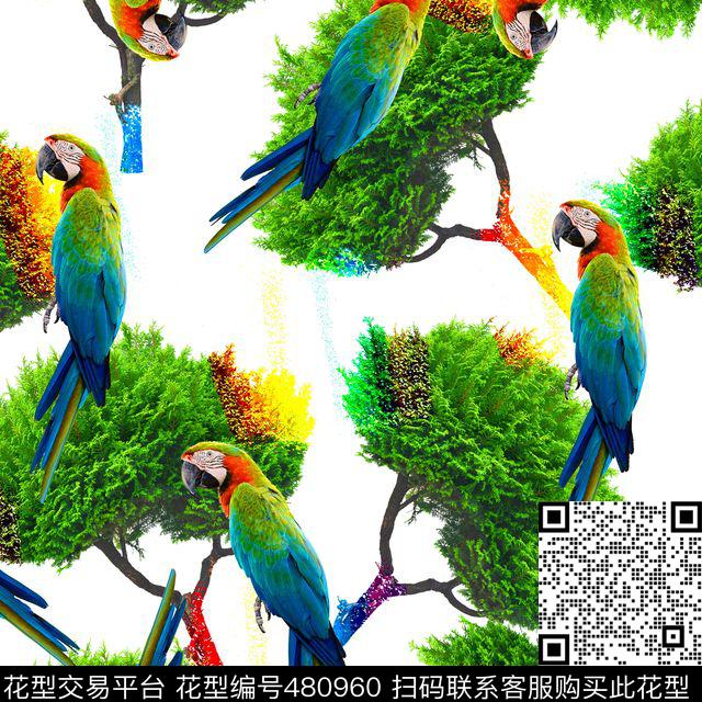 鹦鹉炫彩树木数码印花华亿平台下载（图片编号: 480960） - 瓦栏（Walan）