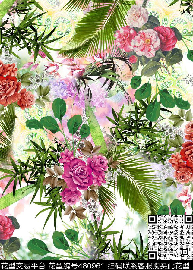 花卉竹叶青荫数码印花华亿平台下载（图片编号: 480961） - 瓦栏（Walan）