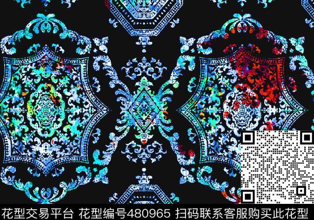 流行时尚欧美手绘幻彩几何花数码印花华亿平台下载（图片编号: 480965） - 瓦栏（Walan）