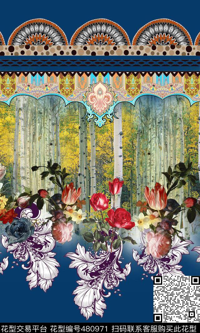 民族风花卉树木数码印花华亿平台下载（图片编号: 480971） - 瓦栏（Walan）