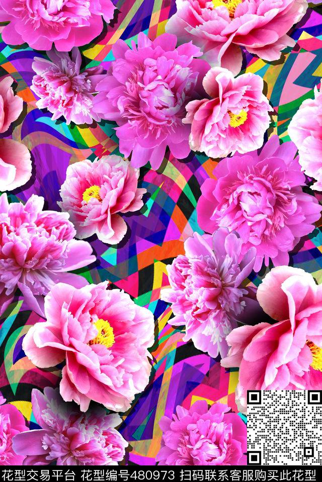 大花花卉几何数码印花华亿平台下载（图片编号: 480973） - 瓦栏（Walan）