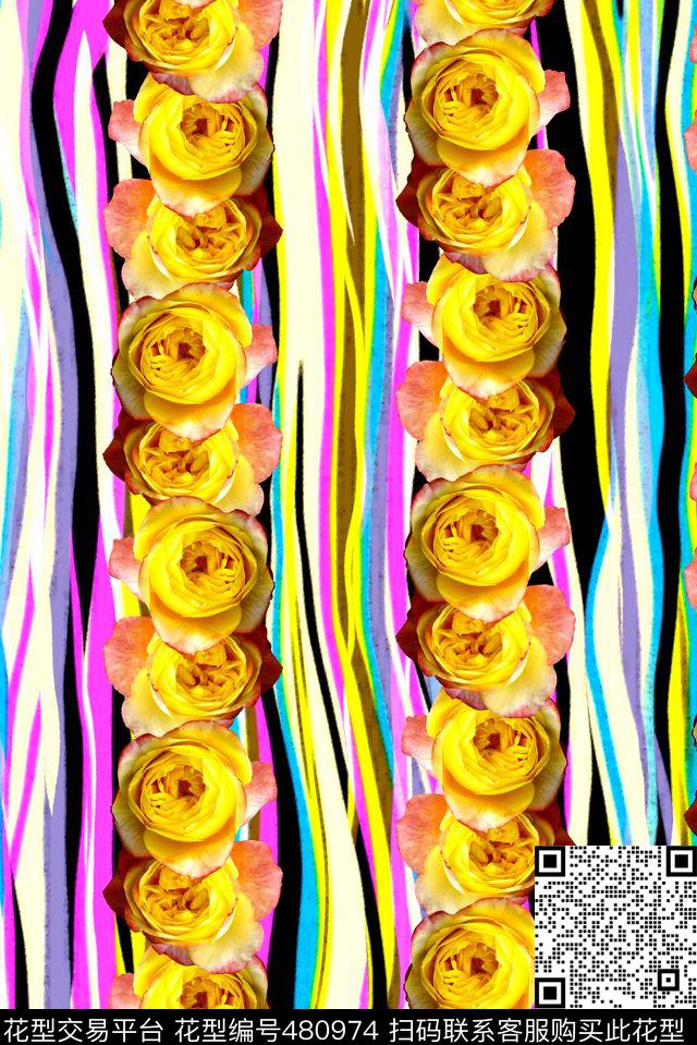 条纹花卉数码印花华亿平台下载（图片编号: 480974） - 瓦栏（Walan）