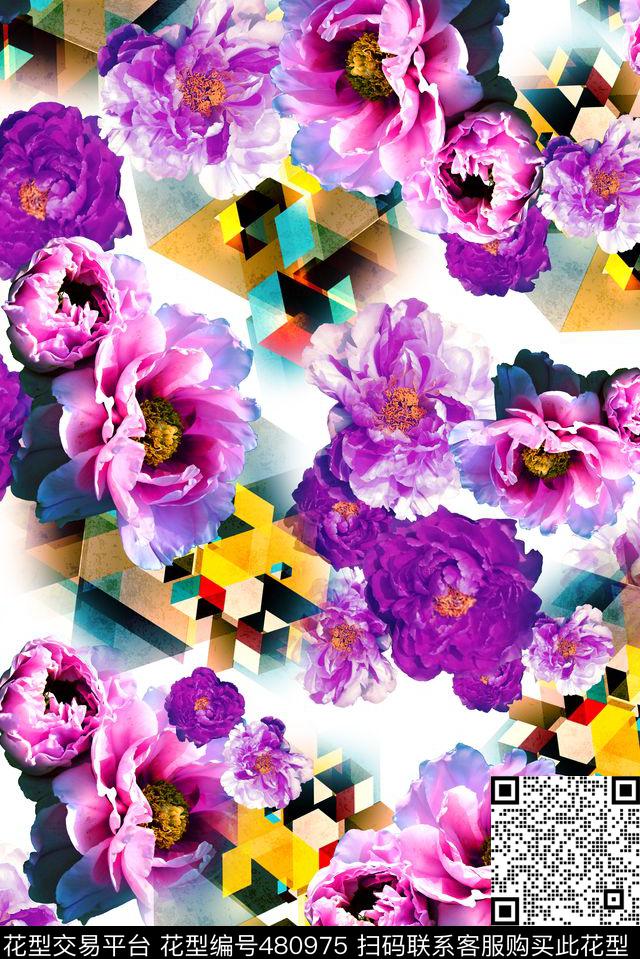 花卉大花几何数码印花华亿平台下载（图片编号: 480975） - 瓦栏（Walan）
