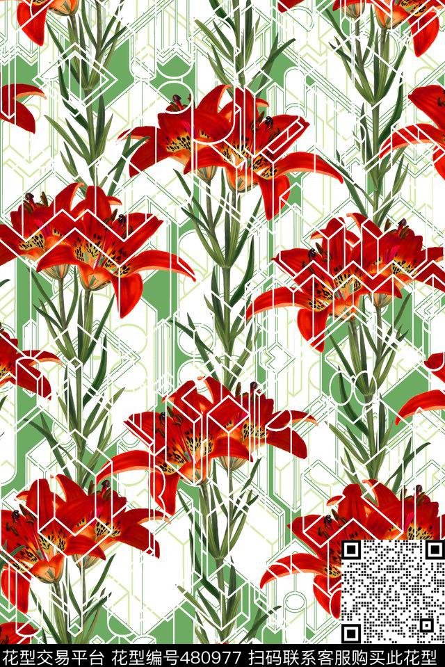花卉花朵几何数码印花华亿平台下载（图片编号: 480977） - 瓦栏（Walan）