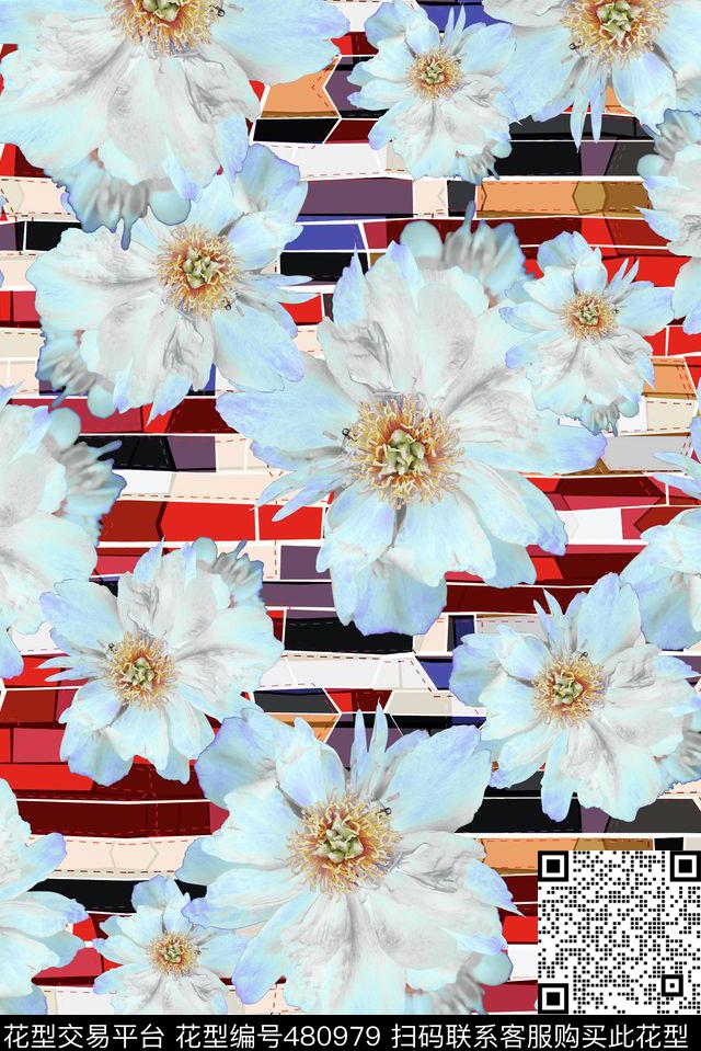 大花花卉色块数码印花华亿平台下载（图片编号: 480979） - 瓦栏（Walan）