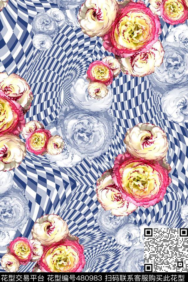 花卉花朵格子数码印花华亿平台下载（图片编号: 480983） - 瓦栏（Walan）