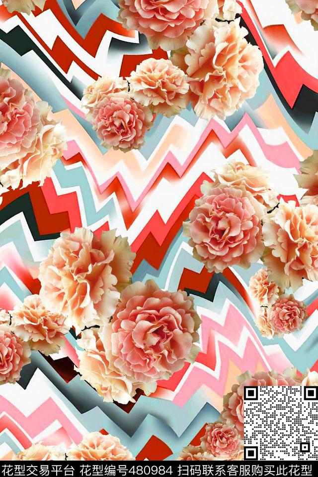 抽象线条花卉数码印花华亿平台下载（图片编号: 480984） - 瓦栏（Walan）