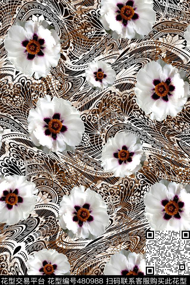 蕾丝花卉花朵数码印花华亿平台下载（图片编号: 480988） - 瓦栏（Walan）