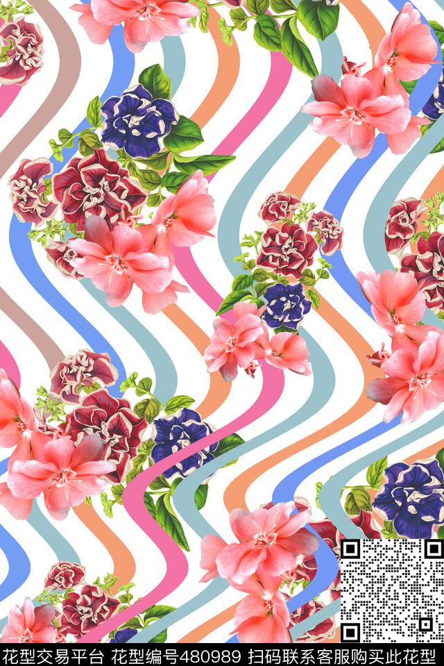 波浪条纹花卉数码印花华亿平台下载（图片编号: 480989） - 瓦栏（Walan）