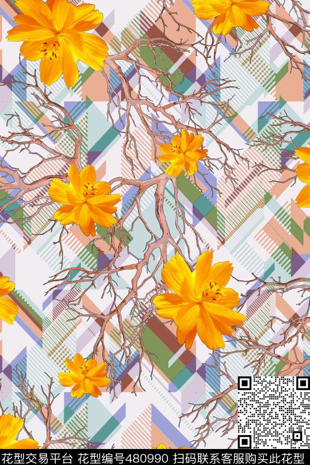 几何树枝花卉数码印花华亿平台下载（图片编号: 480990） - 瓦栏（Walan）
