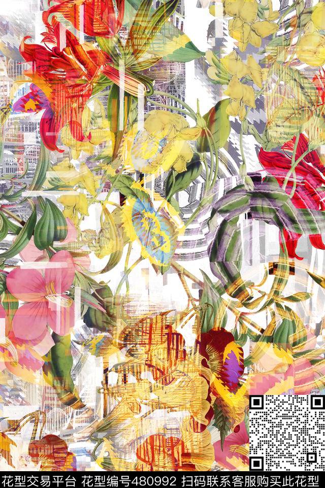 抽象几何花卉数码印花华亿平台下载（图片编号: 480992） - 瓦栏（Walan）