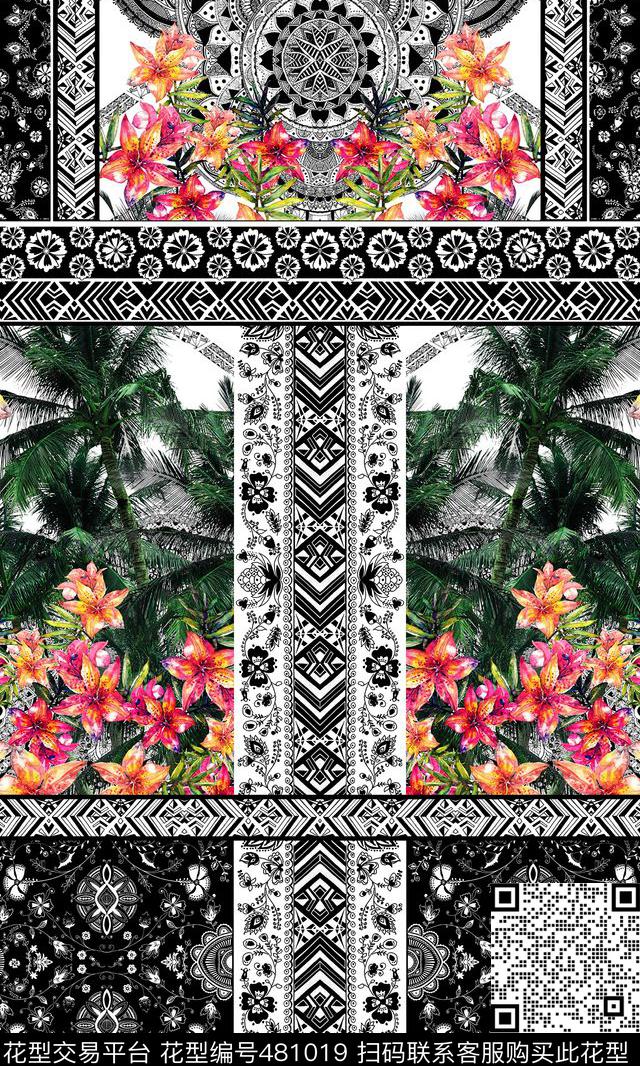 长款定位花热带植物叶子定位数码印花华亿平台下载（图片编号: 481019） - 瓦栏（Walan）