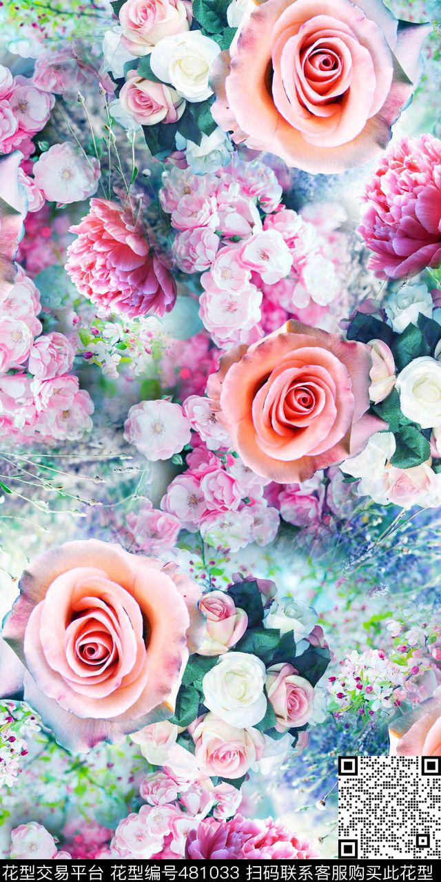数码朦胧碎花底玫瑰花卉数码印花华亿平台下载（图片编号: 481033） - 瓦栏（Walan）