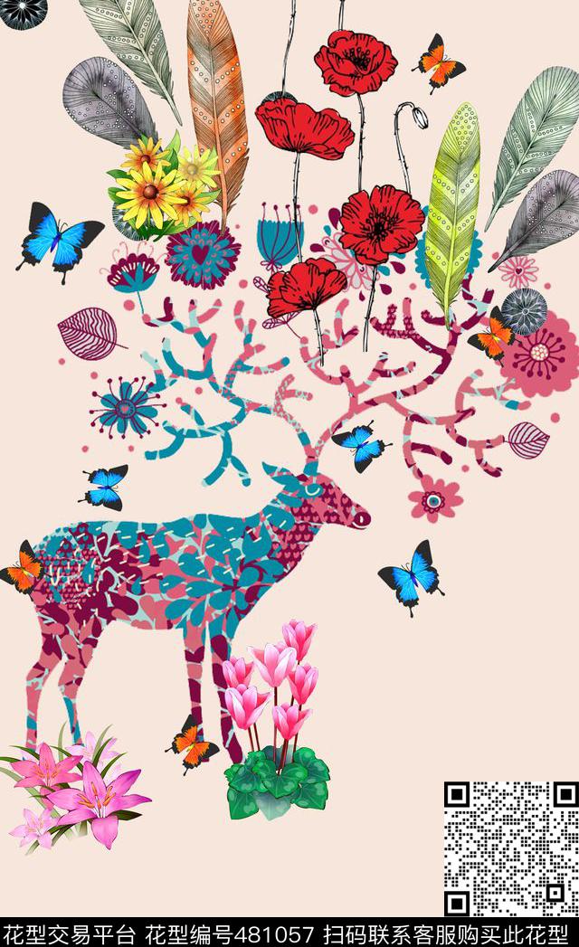 动物羽毛鹿传统印花华亿平台下载（图片编号: 481057） - 瓦栏（Walan）