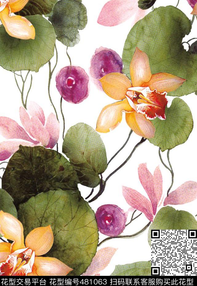 花卉潮流大牌手绘荷花数码印花华亿平台下载（图片编号: 481063） - 瓦栏（Walan）