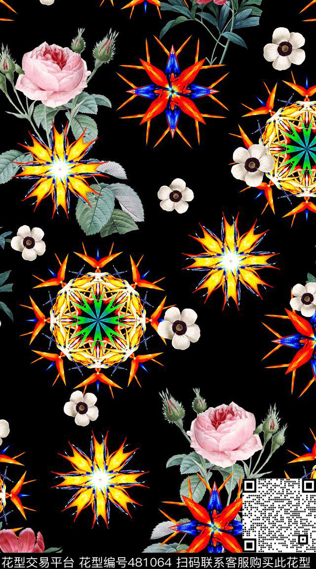 花卉几何手绘花卉、几何花卉构成、黑底创意联想数码印花华亿平台下载（图片编号: 481064） - 瓦栏（Walan）
