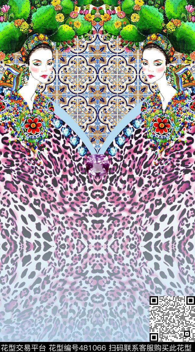 手绘创意定位手绘人物、手绘仙人掌、民族几何大气裁片定位数码印花华亿平台下载（图片编号: 481066） - 瓦栏（Walan）