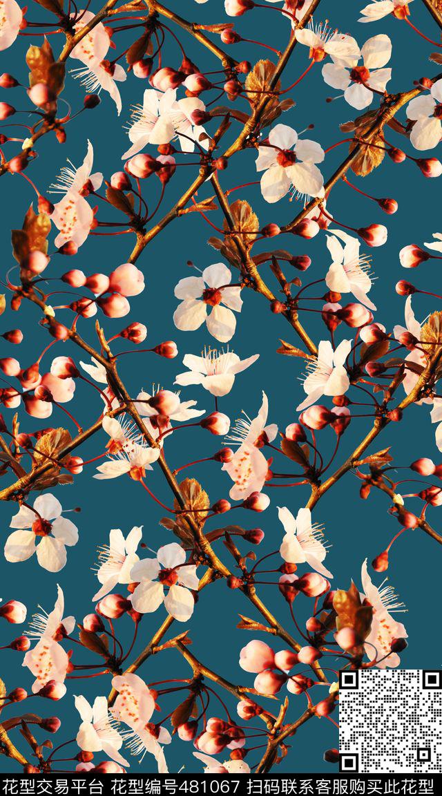 花卉树枝、花卉、纯底绚丽花园数码印花华亿平台下载（图片编号: 481067） - 瓦栏（Walan）