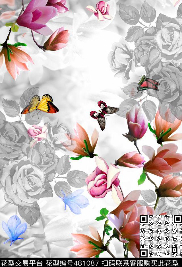 玉兰花潮流时尚黑白花卉数码印花华亿平台下载（图片编号: 481087） - 瓦栏（Walan）
