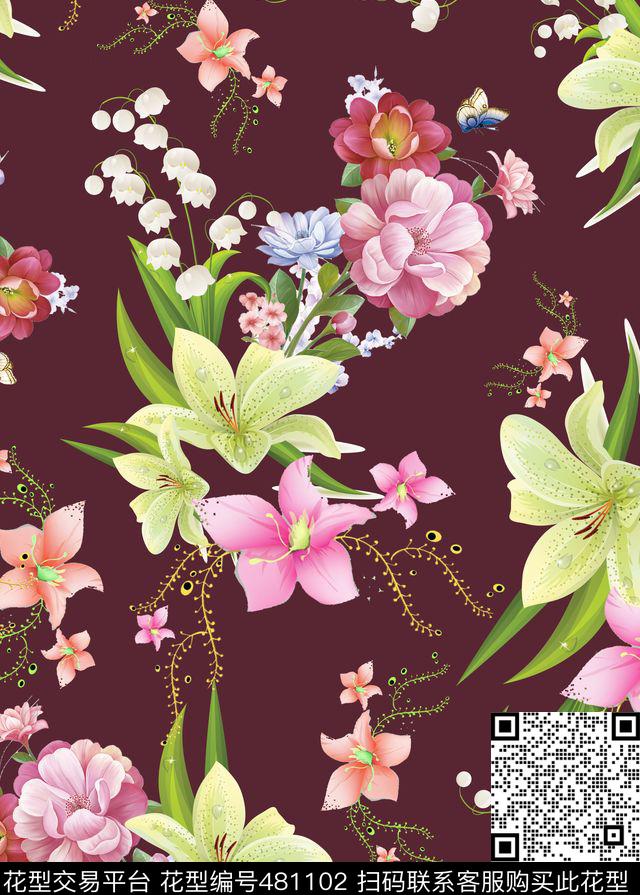 抽象花卉植物数码印花华亿平台下载（图片编号: 481102） - 瓦栏（Walan）