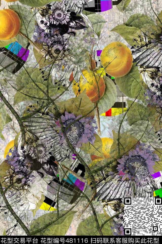 时尚树干手绘花果数码印花华亿平台下载（图片编号: 481116） - 瓦栏（Walan）