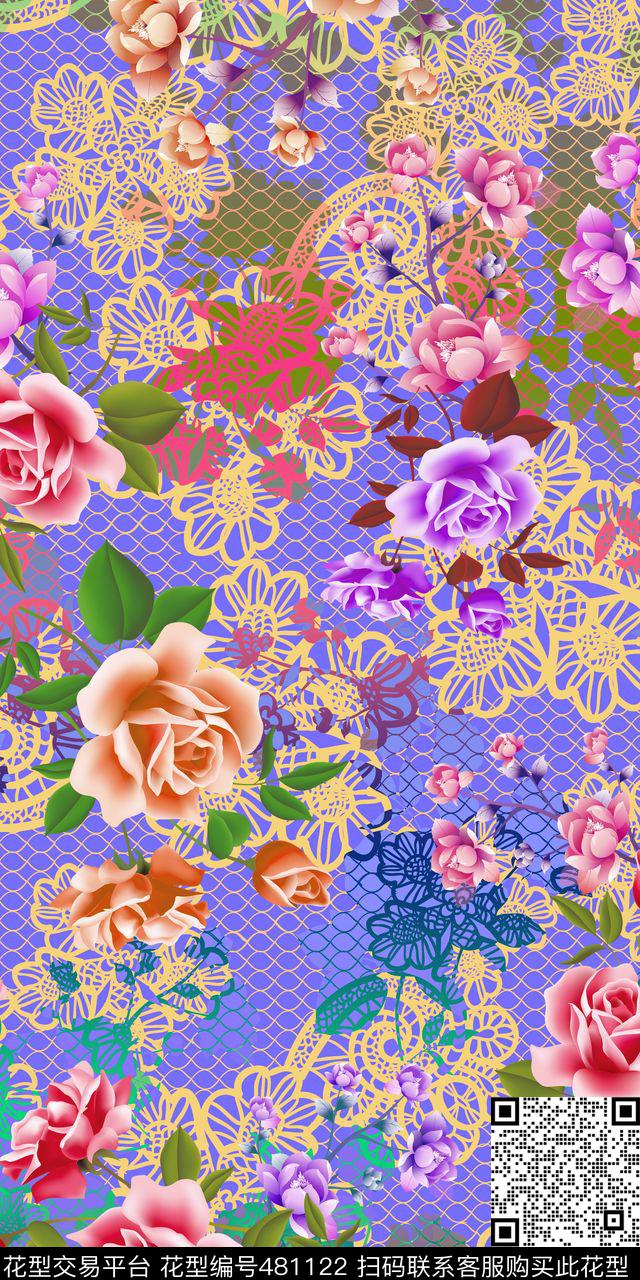 抽象花卉蕾丝数码印花华亿平台下载（图片编号: 481122） - 瓦栏（Walan）