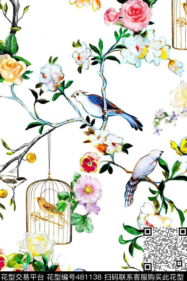 鸟笼花卉数码印花华亿平台下载（图片编号: 481138） - 瓦栏（Walan）