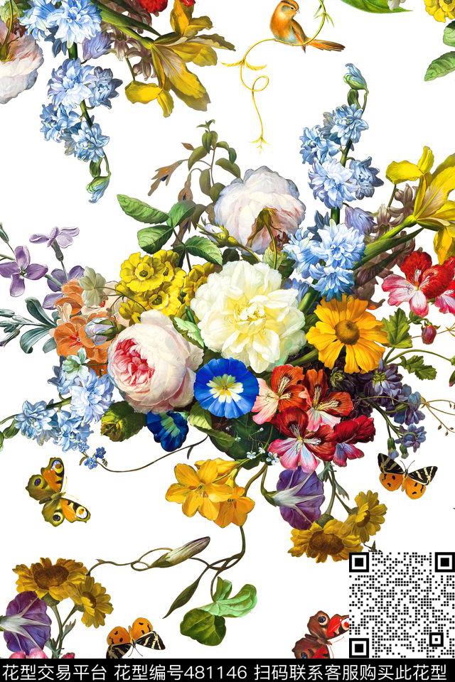 时尚小鸟油画花卉数码印花华亿平台下载（图片编号: 481146） - 瓦栏（Walan）
