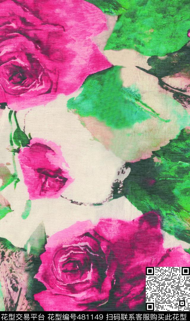 欧美大牌大朵水彩玫瑰女装匹布数码印花华亿平台下载（图片编号: 481149） - 瓦栏（Walan）