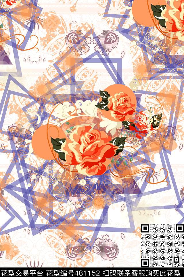 花朵几何时尚传统印花华亿平台下载（图片编号: 481152） - 瓦栏（Walan）