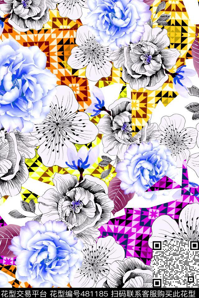 花卉几何花卉传统印花华亿平台下载（图片编号: 481185） - 瓦栏（Walan）