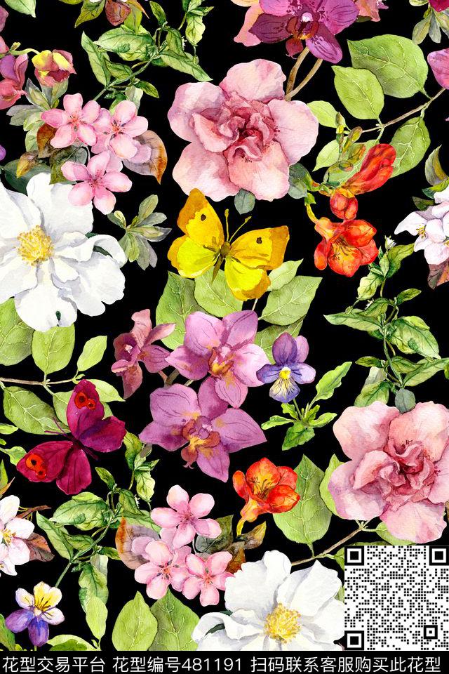 手绘花卉蝴蝶植物数码印花华亿平台下载（图片编号: 481191） - 瓦栏（Walan）