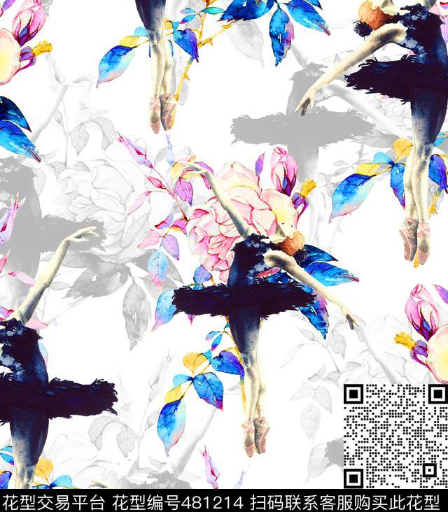 流行时尚欧美手绘芭蕾舞者花卉数码印花华亿平台下载（图片编号: 481214） - 瓦栏（Walan）