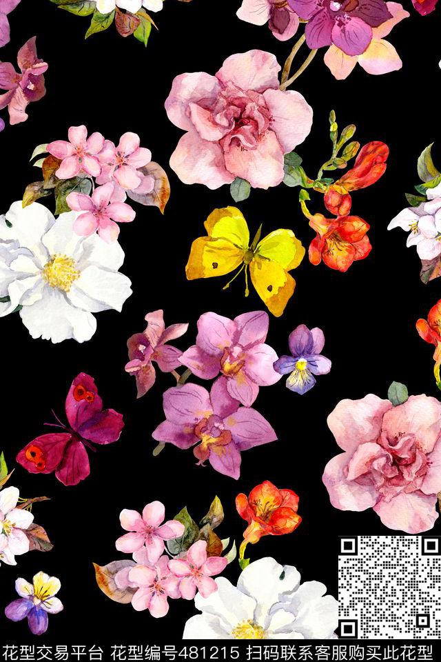 植物黑底手绘花卉花卉蝴蝶数码印花华亿平台下载（图片编号: 481215） - 瓦栏（Walan）