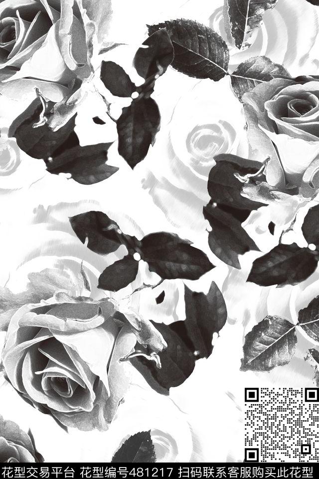 花朵花卉黑白数码印花华亿平台下载（图片编号: 481217） - 瓦栏（Walan）