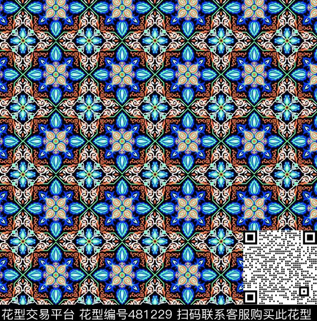 波西米亚民族花瓷砖花民族风格传统印花华亿平台下载（图片编号: 481229） - 瓦栏（Walan）