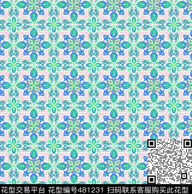 波西米亚民族花瓷砖花民族风格传统印花华亿平台下载（图片编号: 481231） - 瓦栏（Walan）