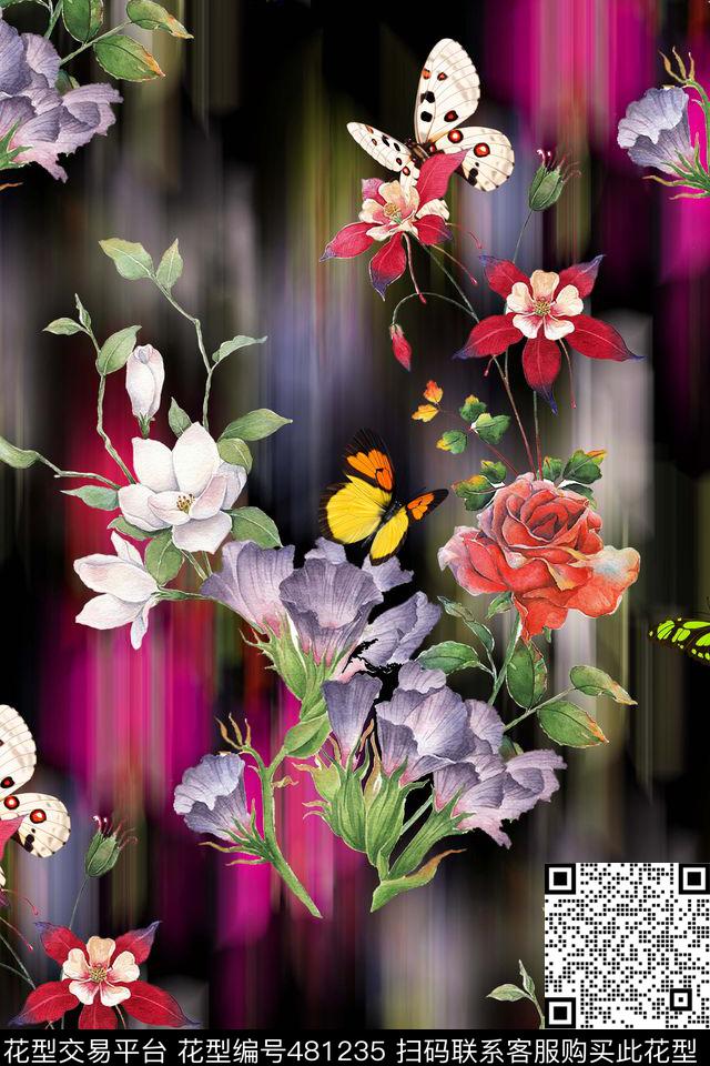 花卉流光蝴蝶数码印花华亿平台下载（图片编号: 481235） - 瓦栏（Walan）