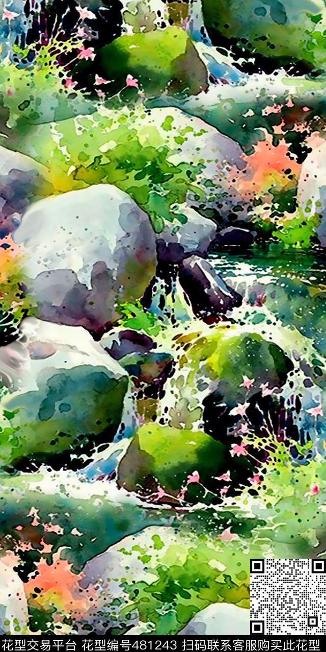 丝绸人造棉棉布手绘画水彩山水时尚流行新潮数码印花华亿平台下载（图片编号: 481243） - 瓦栏（Walan）