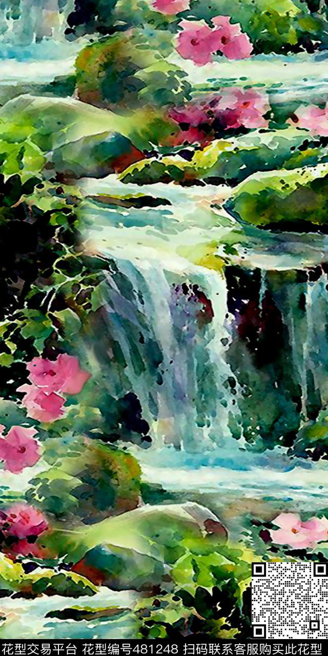 丝绸人造棉棉布手绘画水彩山水时尚流行新潮数码印花华亿平台下载（图片编号: 481248） - 瓦栏（Walan）