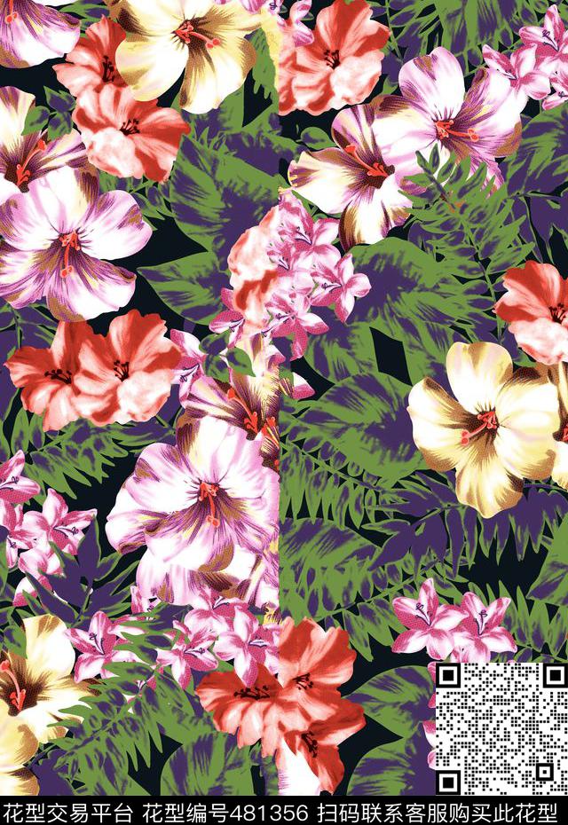 花卉花朵绿叶传统印花华亿平台下载（图片编号: 481356） - 瓦栏（Walan）